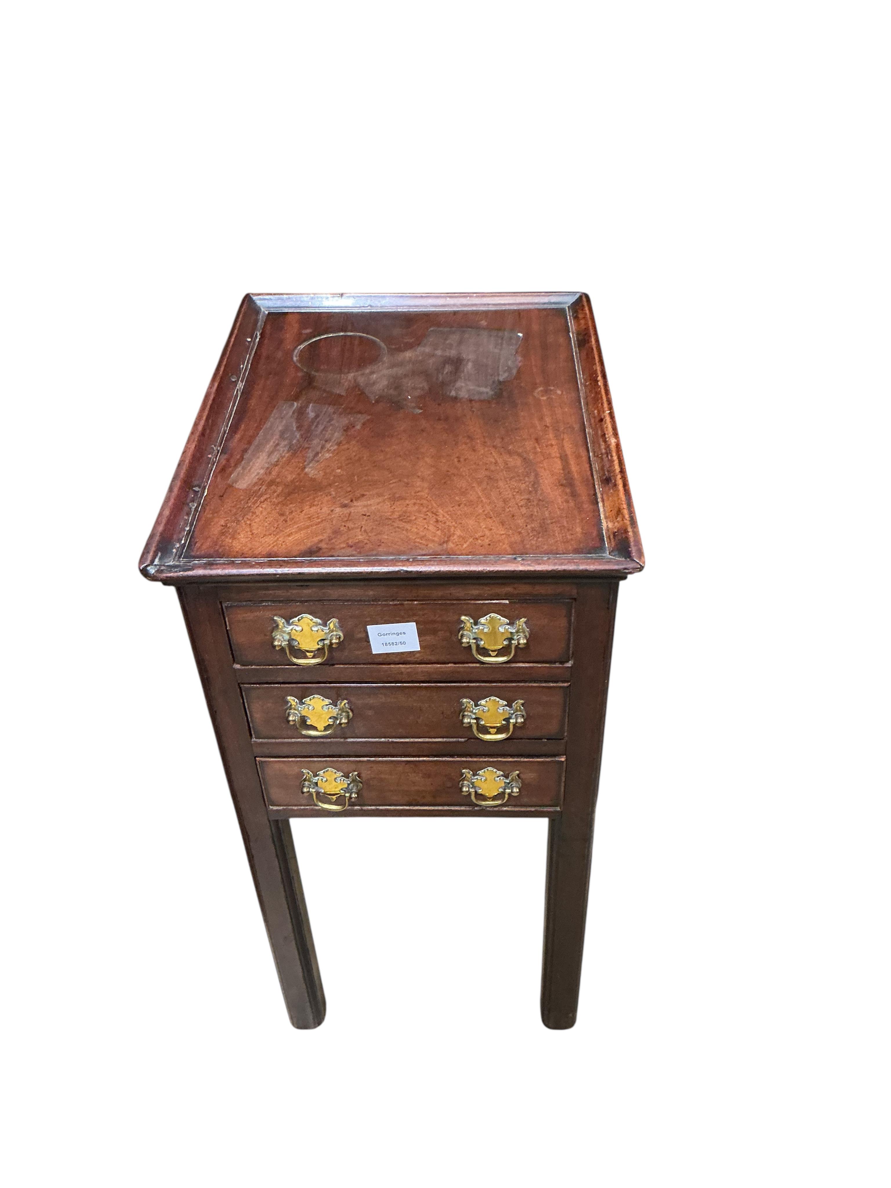 A George III mahogany three drawer bedside chest, width 38cm, depth 49cm, height 76cm